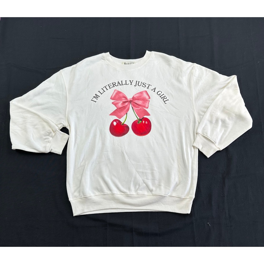 Wound Up Im Literally Just A Girl Cherry Bow Sweatshirt White Medium Pullover